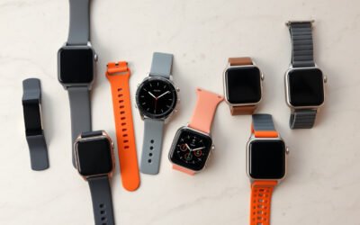 Fitbit fitness trackers and Apple smartwatches arranged side by side, showing slim, everyday, and rugged designs.