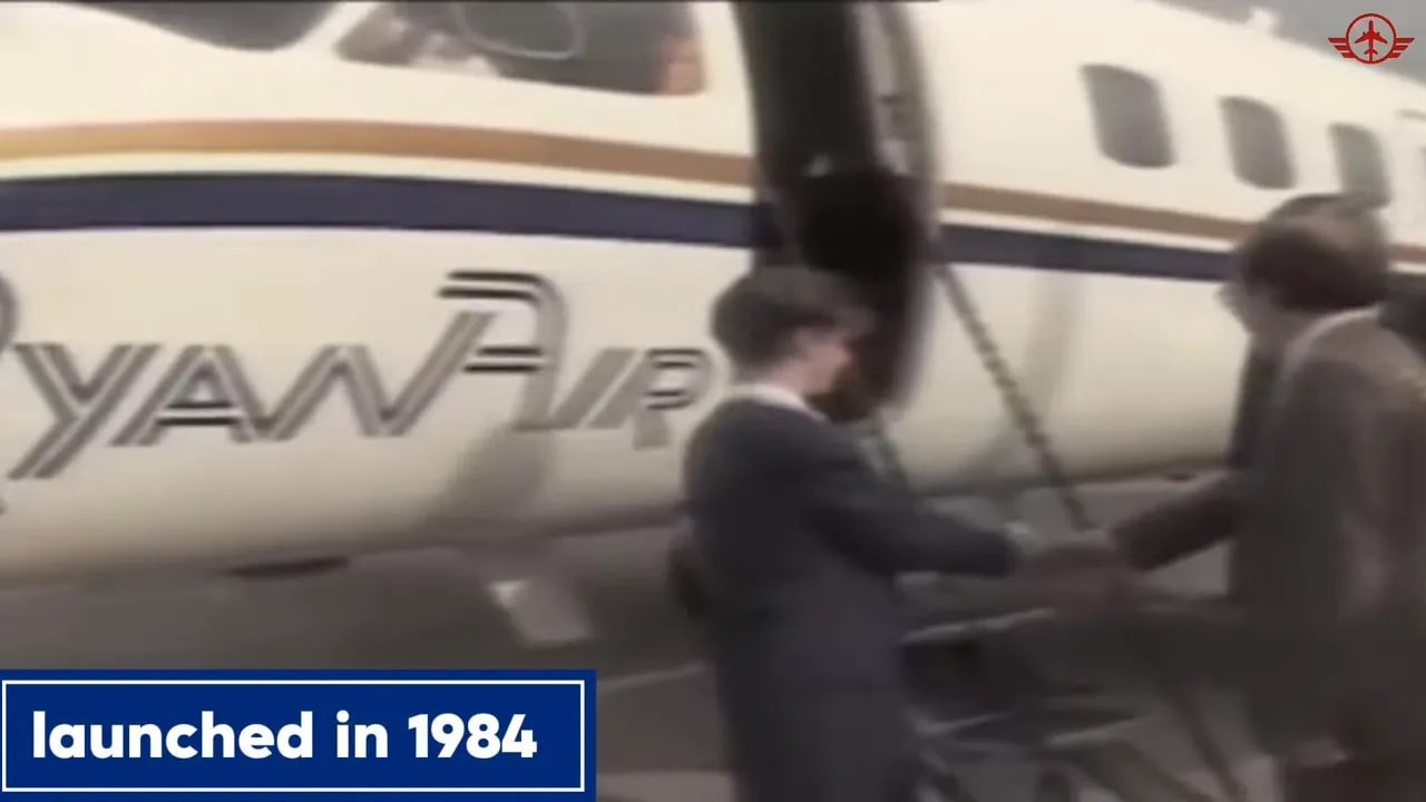 Archive footage of an early Ryanair turboprop with launched in 1984 text on screen