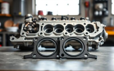 Intake manifold gasket set displayed beside an engine manifold, with one seal fitted into its matching groove.