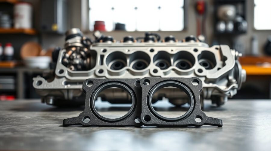 Intake manifold gasket set displayed beside an engine manifold, with one seal fitted into its matching groove.