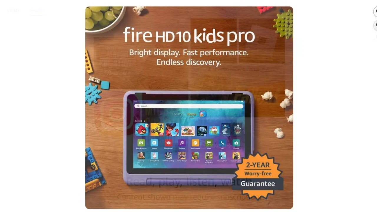 Fire HD 10 Kids Pro tablet product image with purple case and kids app screen