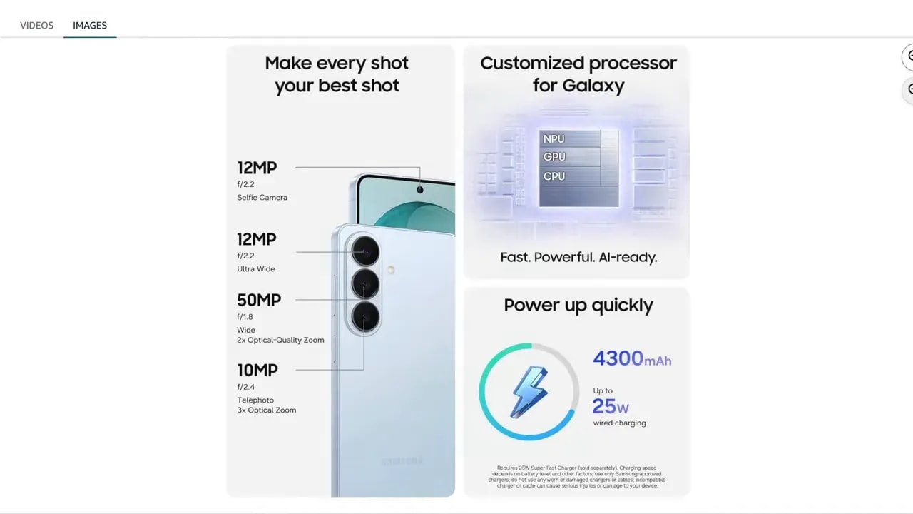 Galaxy S26 feature graphic showing camera specs processor and fast charging details