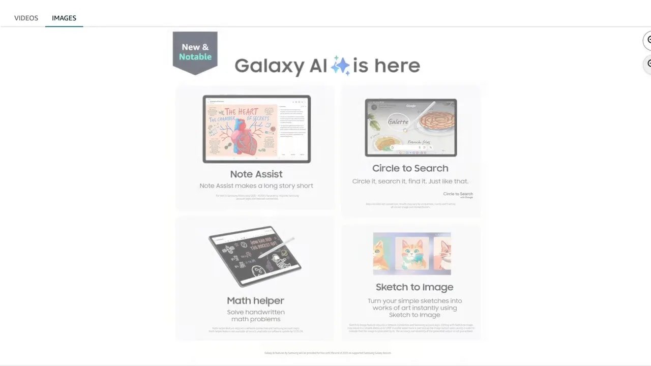 Galaxy AI features graphic for tablet showing note assist circle to search photo helper and sketch to image