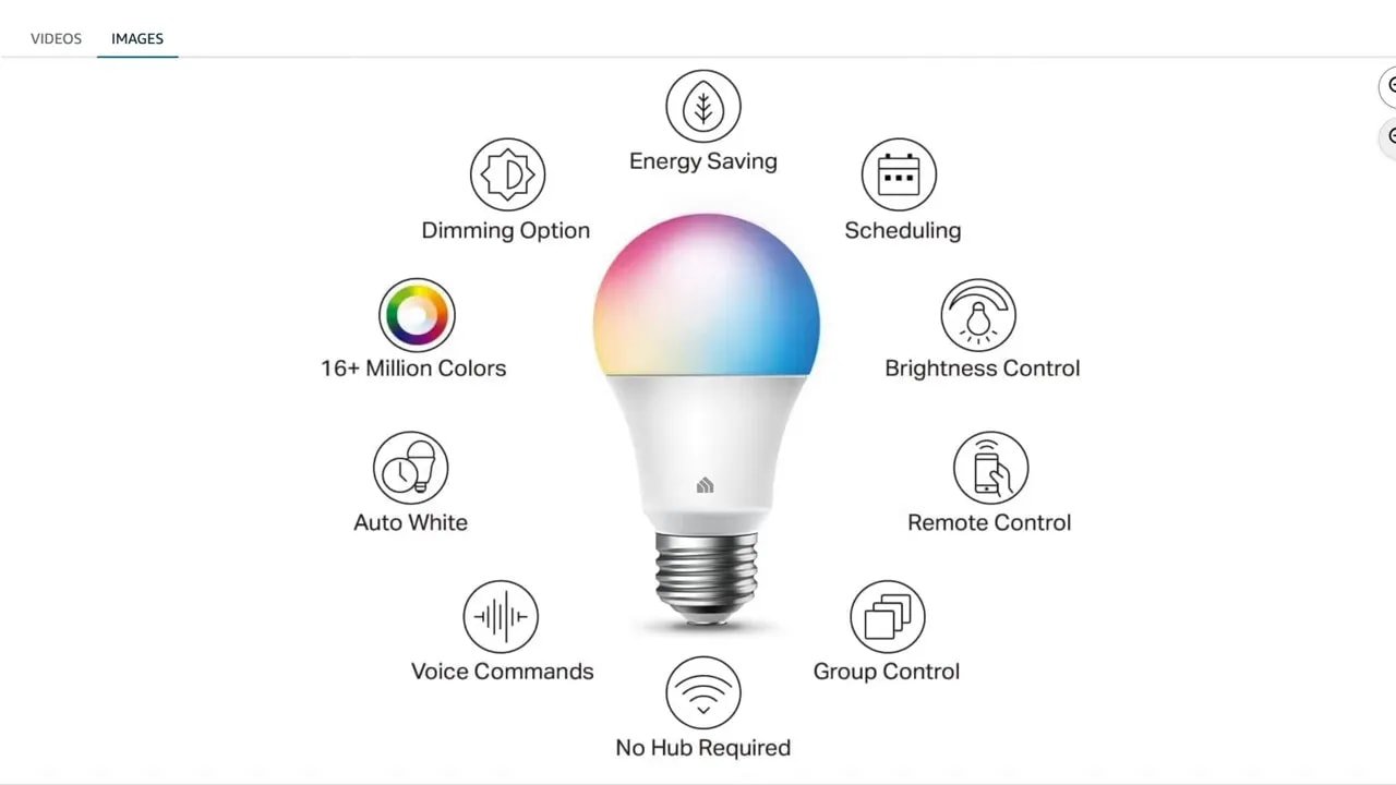Single smart light bulb surrounded by icons for dimming energy saving scheduling brightness control app control and voice control