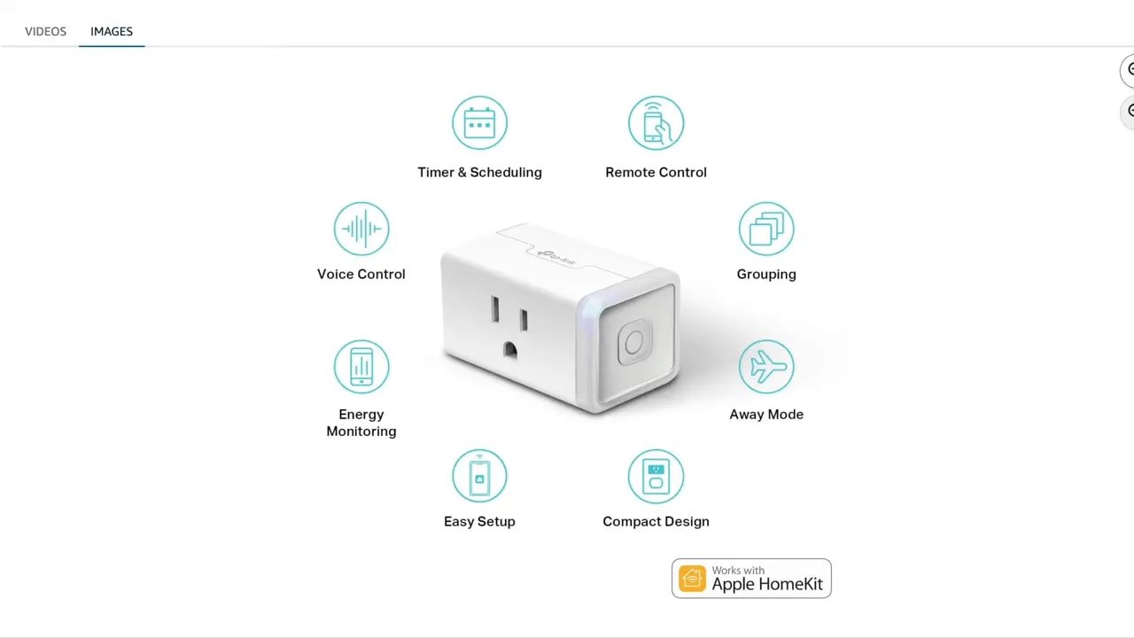 Kasa smart plug with feature icons for voice control remote control scheduling away mode energy monitor and compact design