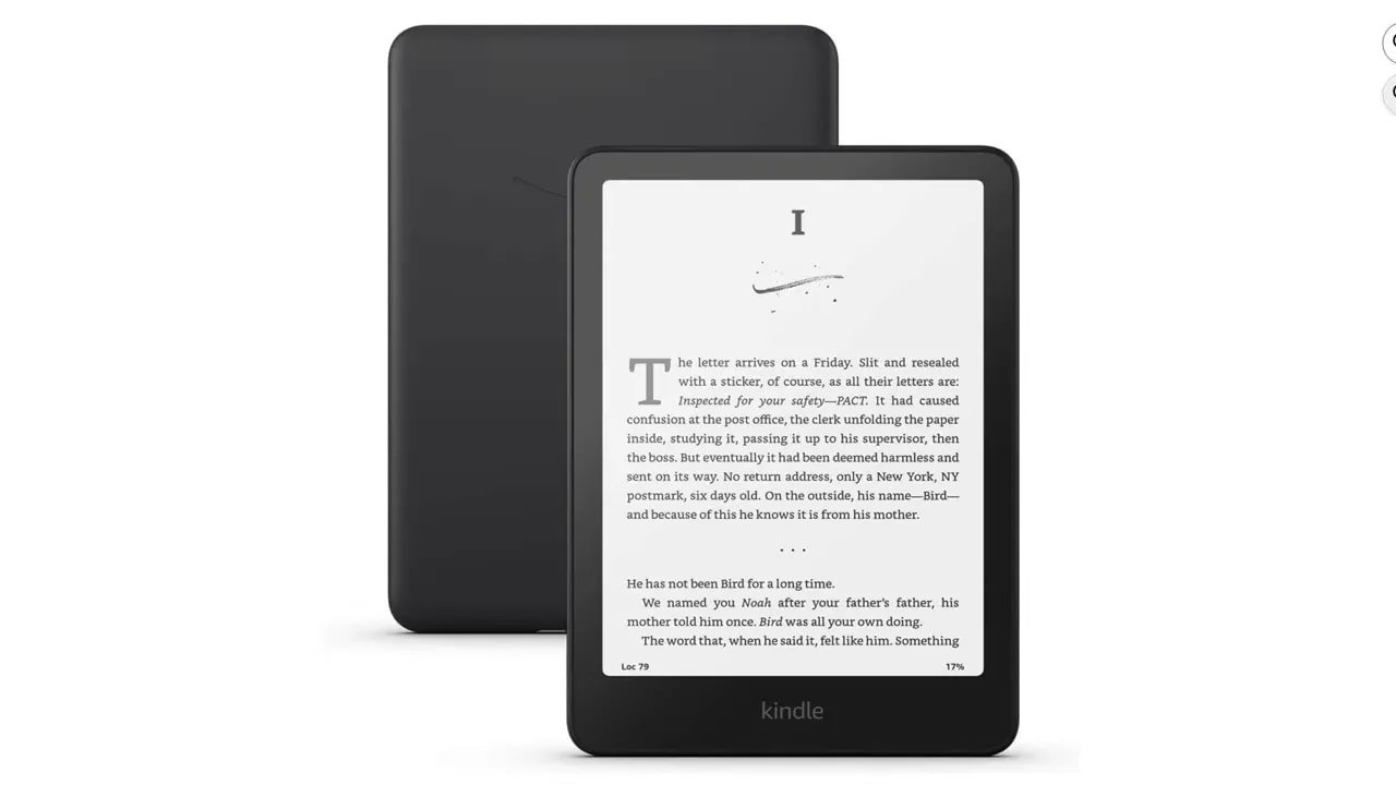 Hand holding Kindle Paperwhite against sky background with text mentioning faster performance