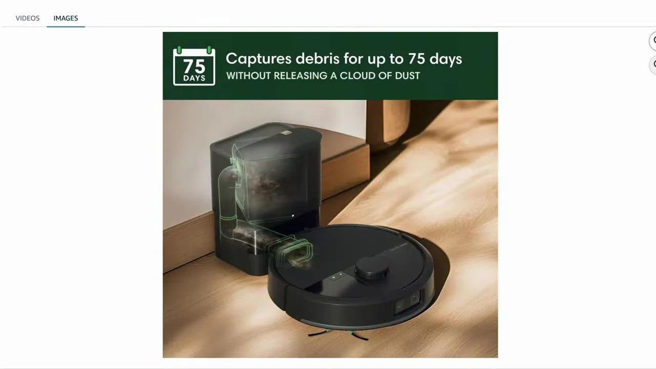Roomba robot vacuum beside self-emptying dock with text about capturing debris for up to 75 days