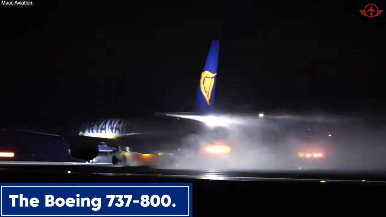 Ryanair Boeing 737-800 on the ground with text identifying the aircraft type on screen