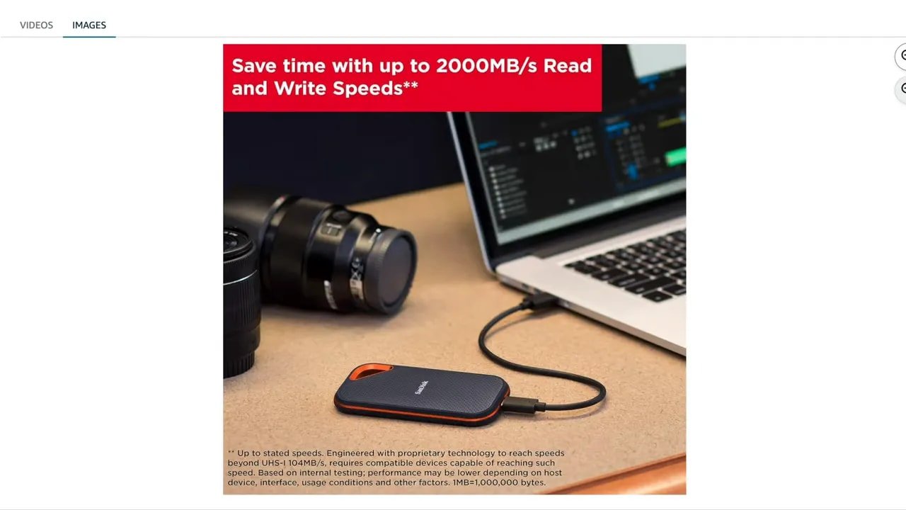 Portable SSD connected by cable beside camera and laptop with text about fast read and write speeds