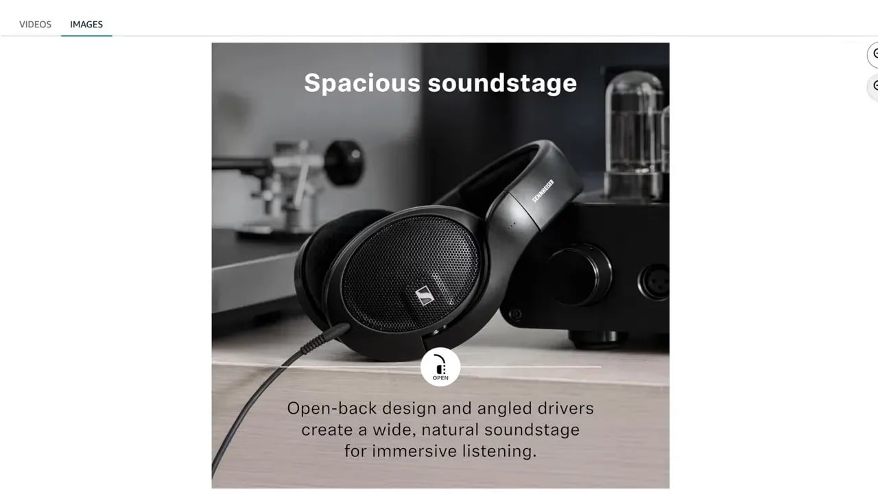 Sennheiser headphone product card mentioning spacious soundstage and angled drivers