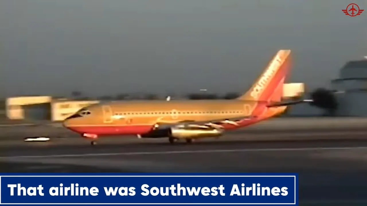 Southwest Airlines jet taking off with text identifying the airline on screen