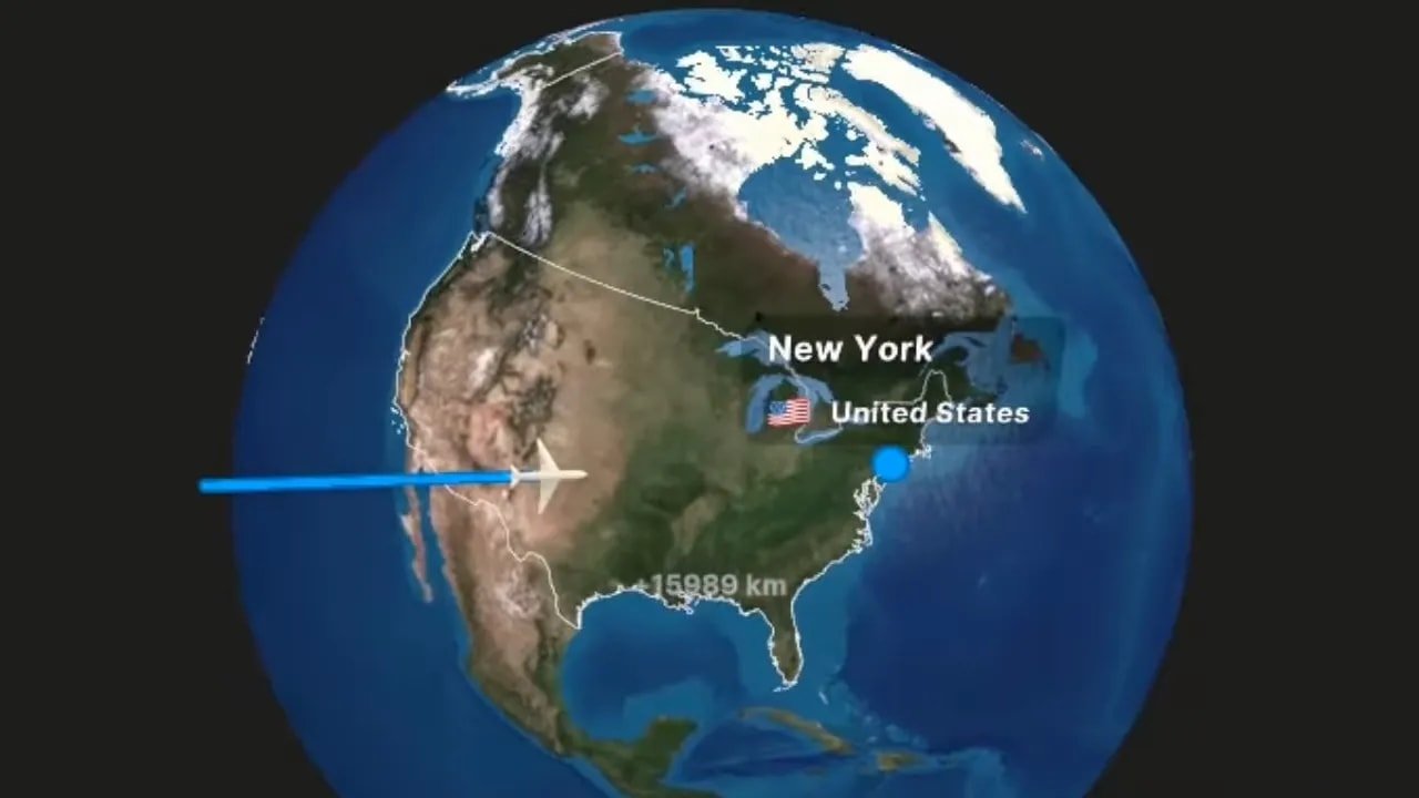 Globe graphic showing New York and flight path distance from Sydney