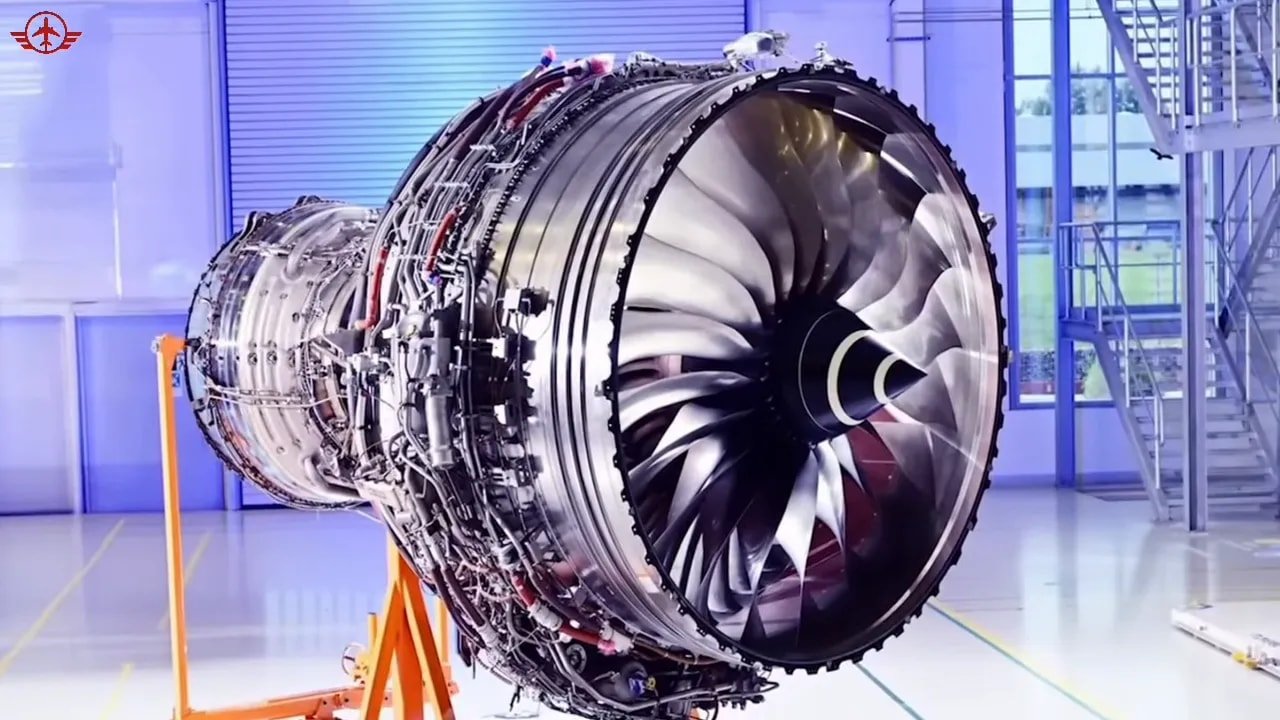 Rolls-Royce Trent XWB engine on a stand inside a brightly lit facility