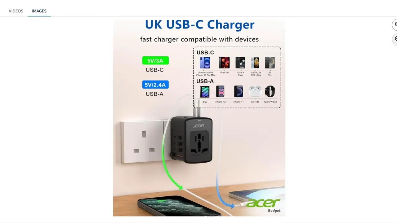 Universal travel adapter charging several devices with text saying power 6 devices at once