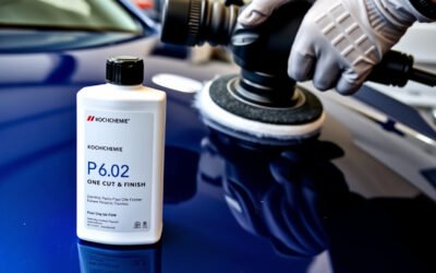 Polishing a dark blue car hood with a dual-action polisher and a bottle of polishing compound nearby.