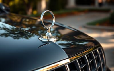 Side-angle close-up of a chrome hood ornament mounted securely on a polished dark luxury sedan.