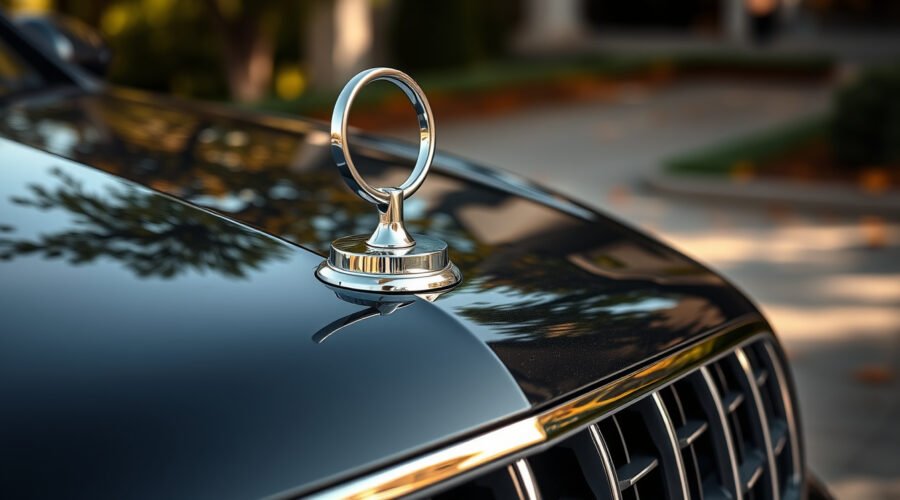 Side-angle close-up of a chrome hood ornament mounted securely on a polished dark luxury sedan.