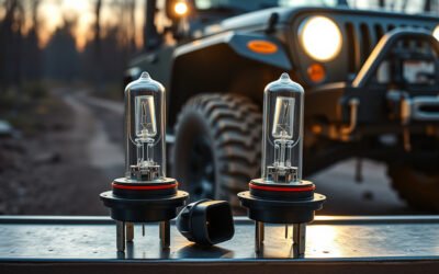 Two HELLA 9004 halogen bulbs in sharp focus with an off-road vehicle illuminating a woodland trail behind them.