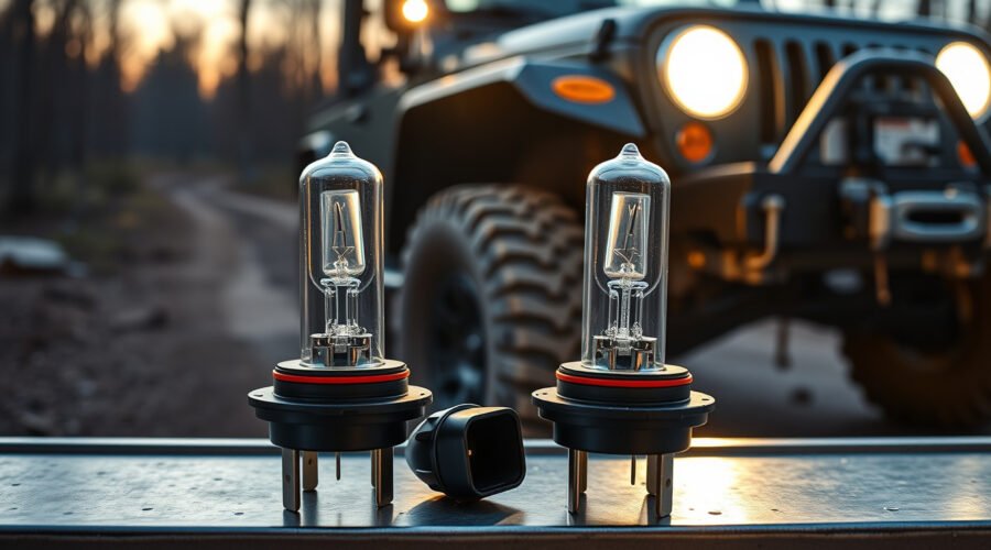 Two HELLA 9004 halogen bulbs in sharp focus with an off-road vehicle illuminating a woodland trail behind them.
