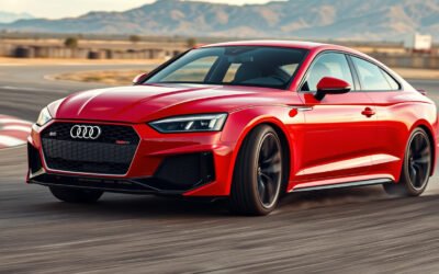 Red Audi RS5 plug-in hybrid sedan drifting through a corner on a closed test circuit, front wheels countersteering.