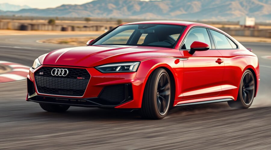 Red Audi RS5 plug-in hybrid sedan drifting through a corner on a closed test circuit, front wheels countersteering.