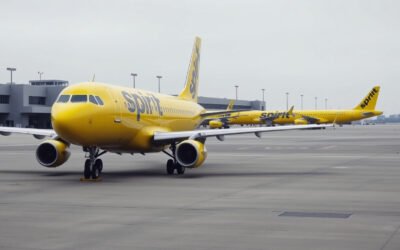 Yellow Airbus jets parked with covered engines on an empty airport apron, illustrating Spirit Airlines’ shutdown.