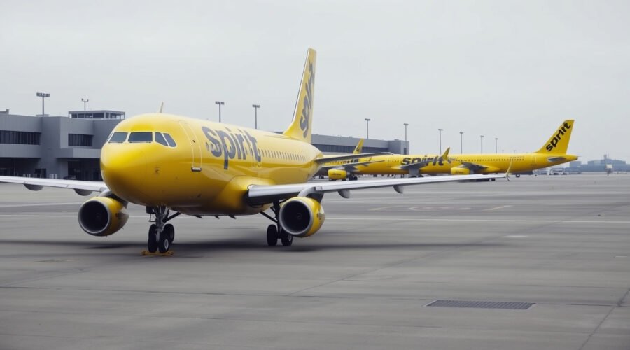 Yellow Airbus jets parked with covered engines on an empty airport apron, illustrating Spirit Airlines’ shutdown.