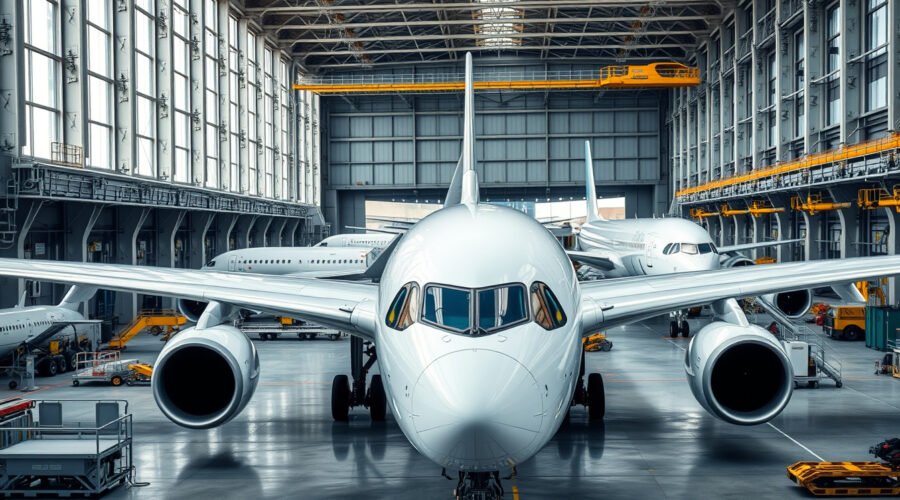 Airbus A350 in a sunlit assembly hangar with more aircraft behind it, illustrating strong demand and production growth.