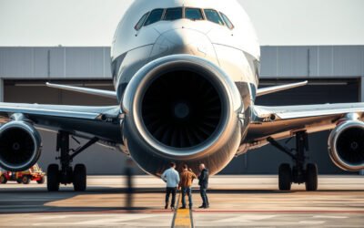 Engineers inspect a Boeing 777-9 test aircraft with a massive GE9X engine and folded wingtips on a maintenance apron.