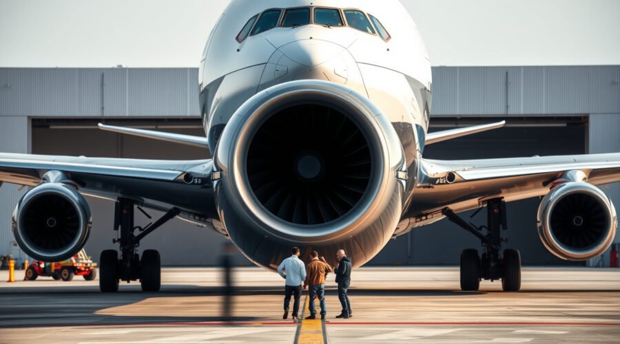 Engineers inspect a Boeing 777-9 test aircraft with a massive GE9X engine and folded wingtips on a maintenance apron.