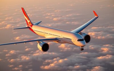 An Airbus A350-1000ULR with a plain red tail flies above Australia's coast at sunrise, evoking Project Sunrise.