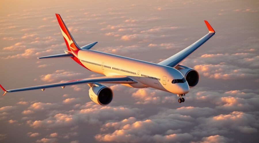 An Airbus A350-1000ULR with a plain red tail flies above Australia's coast at sunrise, evoking Project Sunrise.